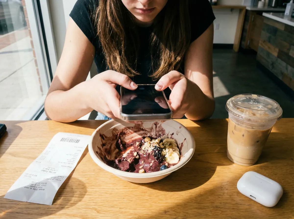 Young woman holding her phone over a half-eaten acai bowl at a counter-service spot, paper receipt and iced oat milk latte beside her, AirPods case on the counter