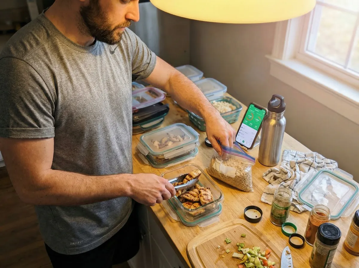 Man meal prepping in his kitchen with his phone showing a calorie tracking app nearby