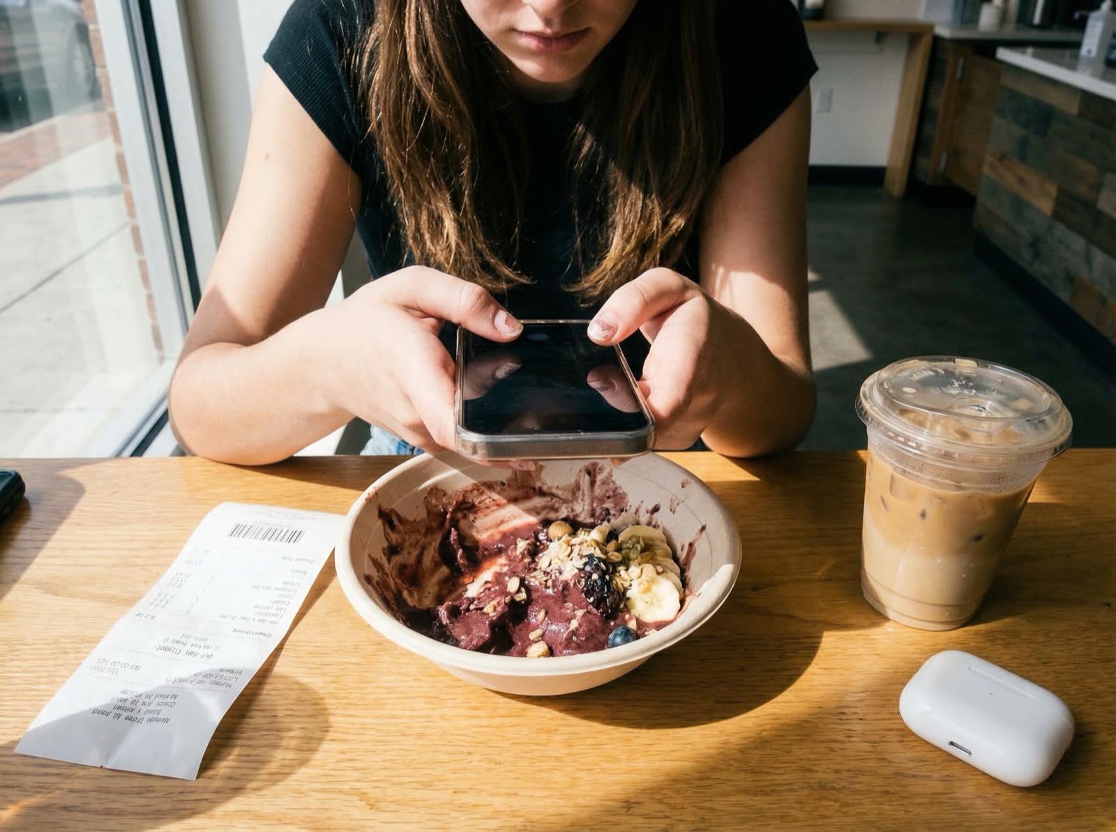 Young woman holding her phone over a half-eaten acai bowl at a counter-service spot, paper receipt and iced oat milk latte beside her, AirPods case on the counter