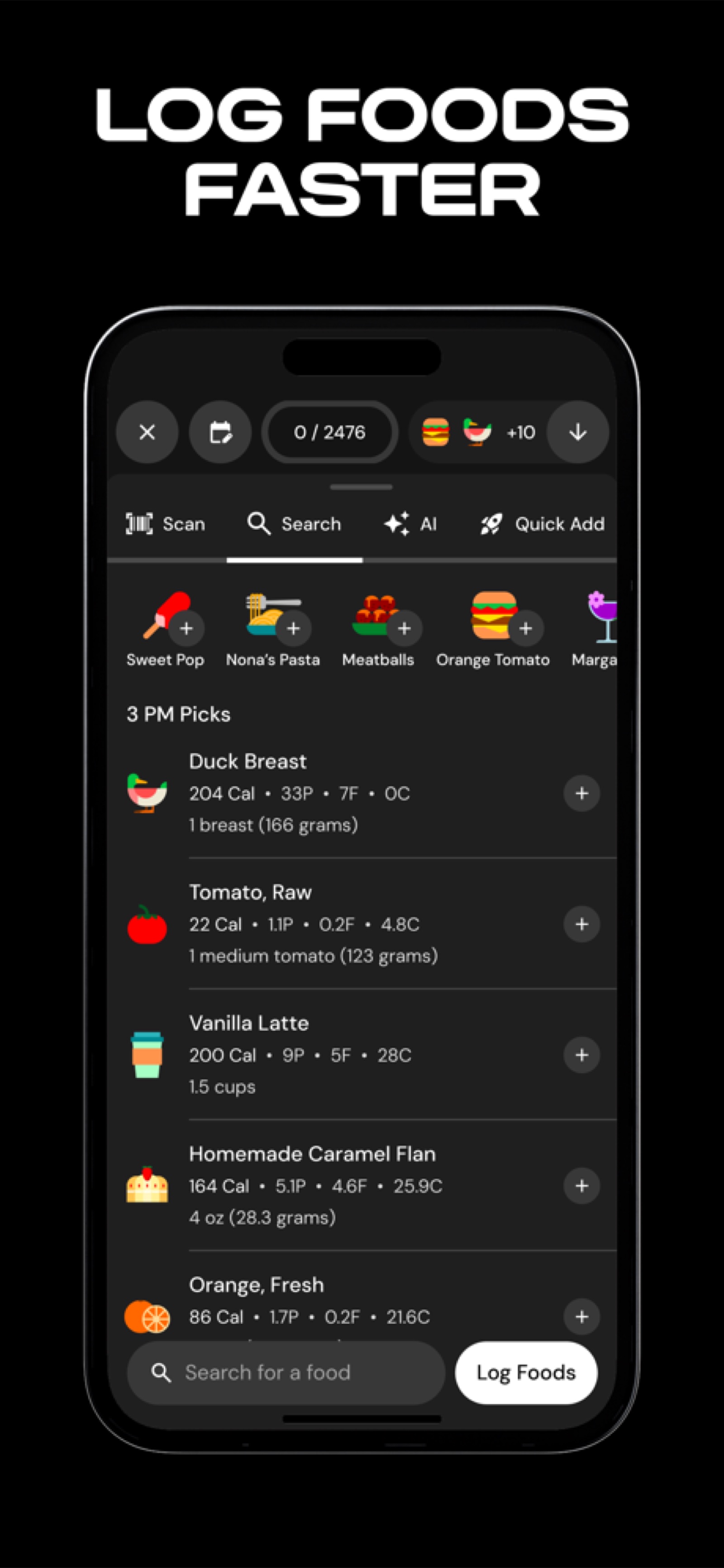 MacroFactor app food search and logging interface