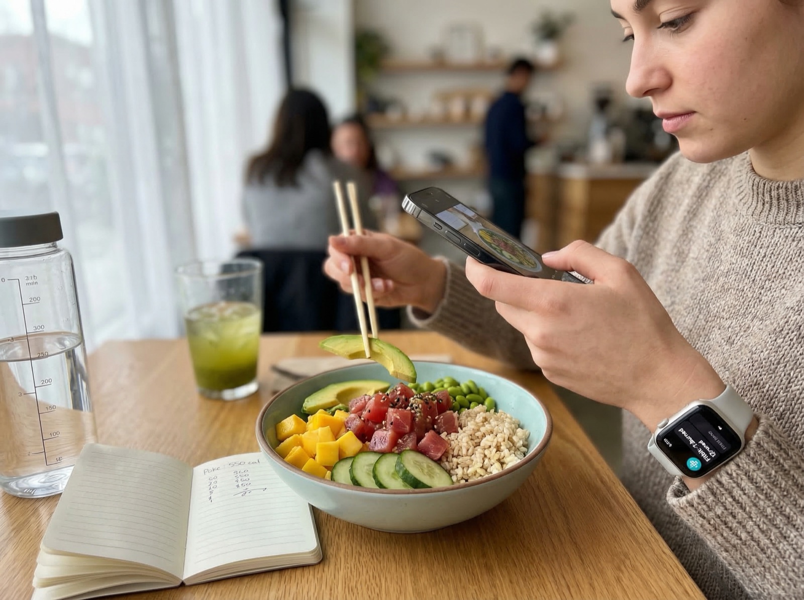Young woman photographing her colorful poke bowl at a bright cafe with her iPhone, Apple Watch visible on her wrist, notebook and iced green tea on the table
