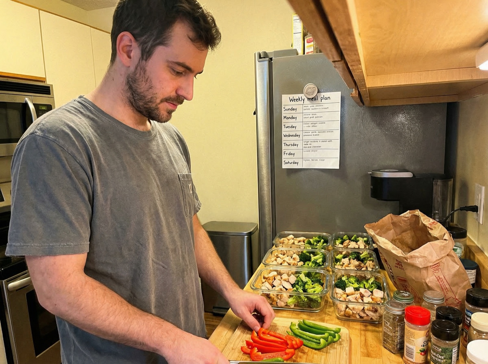 Man doing Sunday meal prep in his kitchen with prepped containers and a meal planning template on the fridge