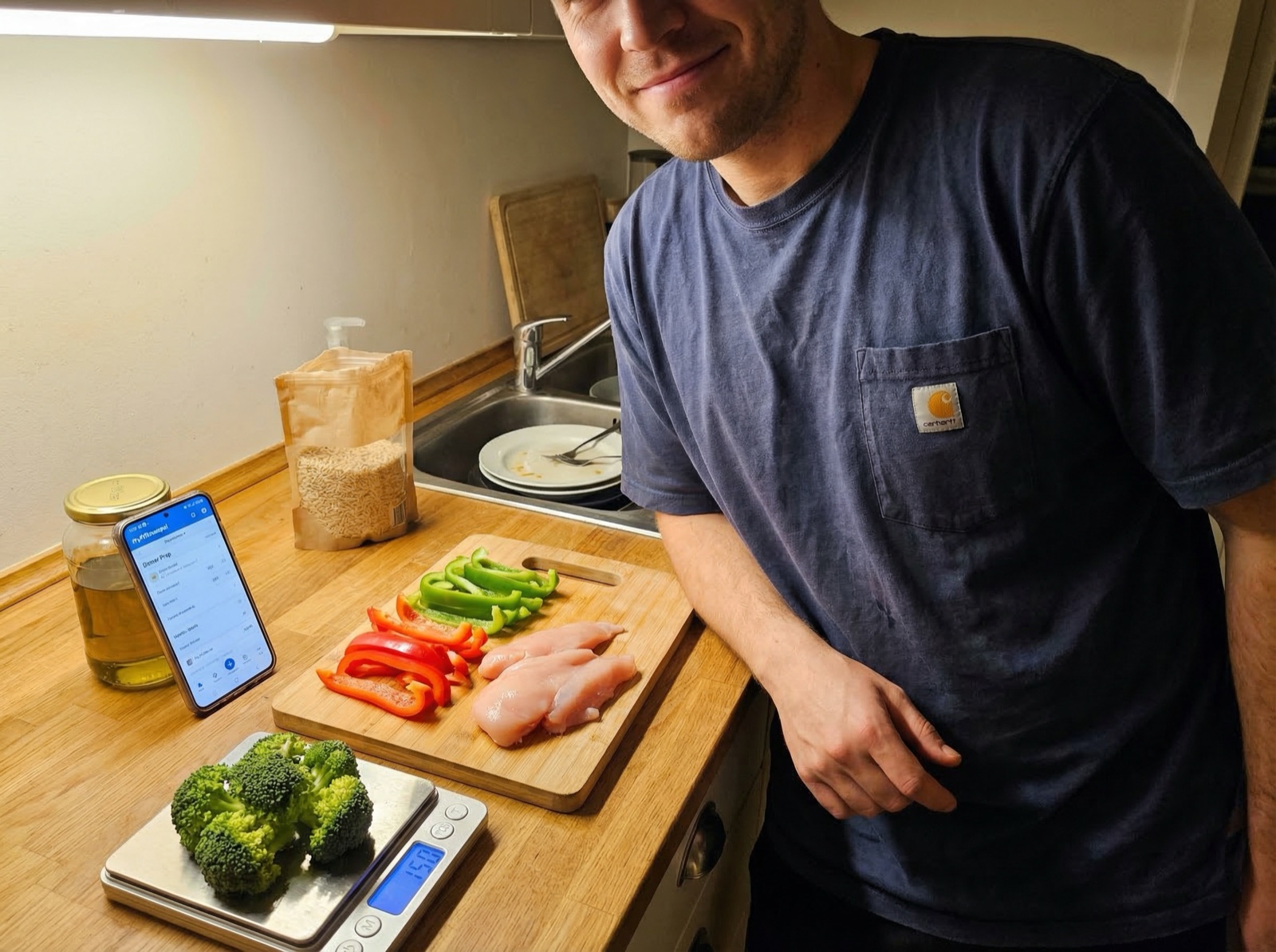 Man prepping dinner in his kitchen with a food scale and phone showing a tracking app