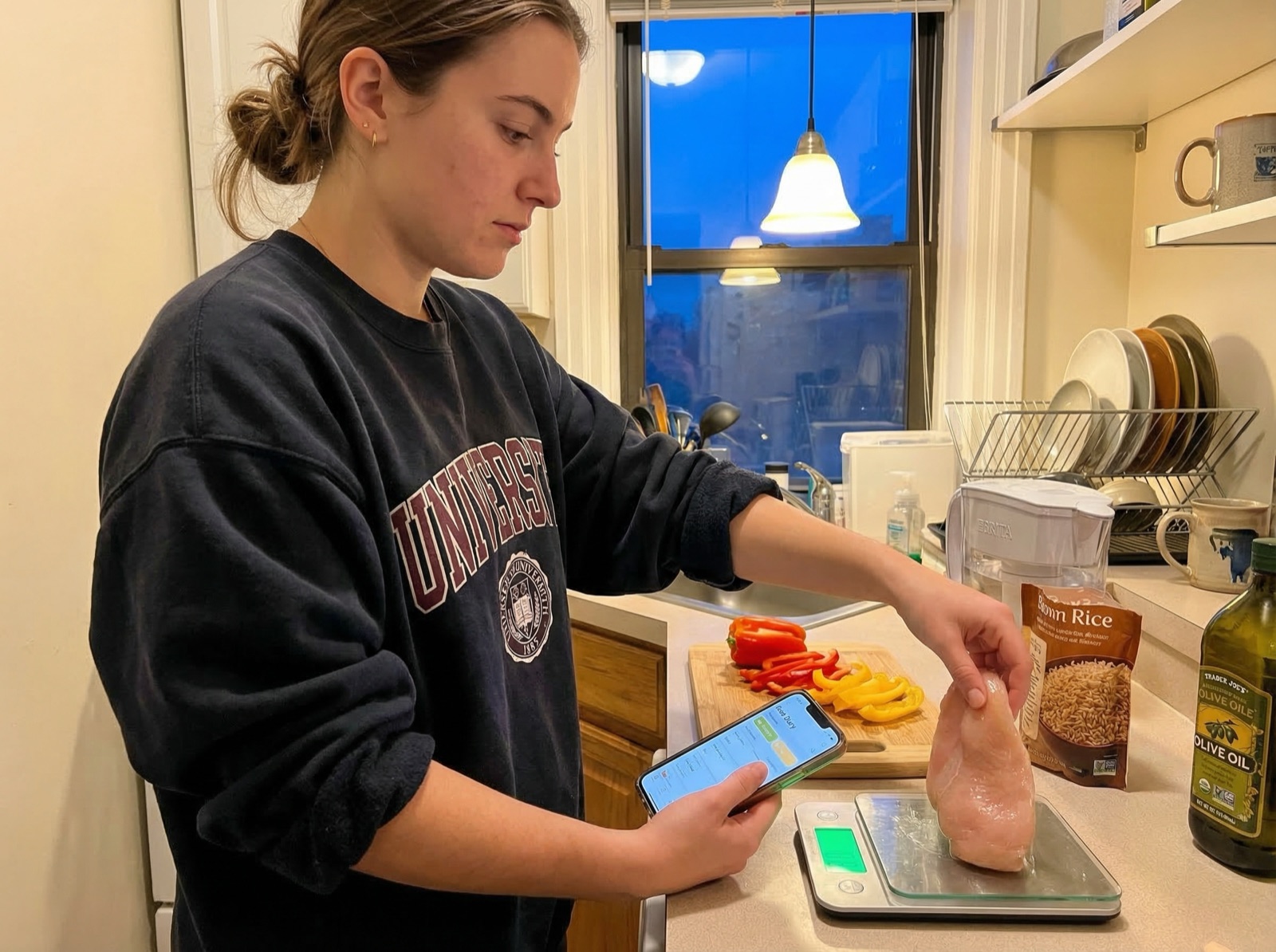 Young woman in a college sweatshirt weighing chicken breast on a digital kitchen scale while checking her phone, sliced bell peppers and brown rice on the counter
