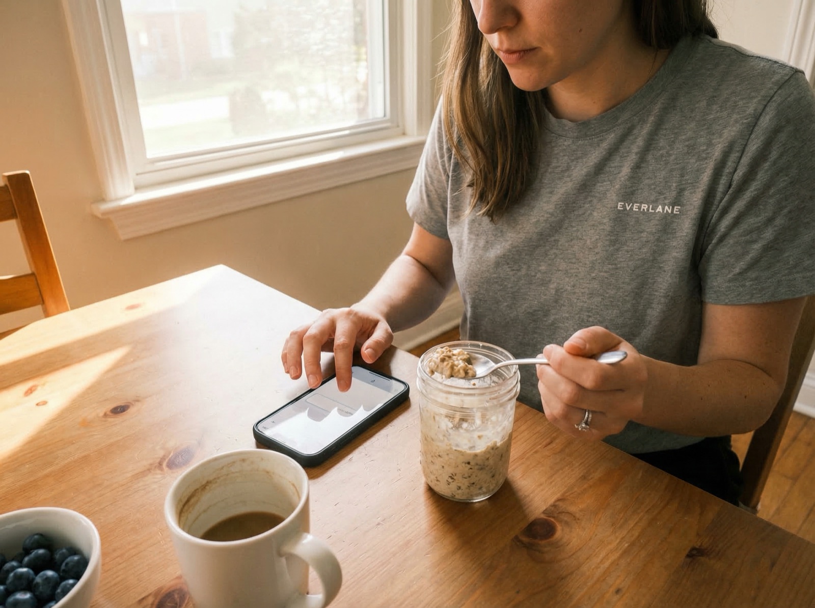 Woman casually logging her breakfast on her phone at a bright morning table